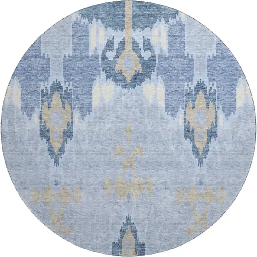 8' Sky Blue Ivory And Tan Ikat Washable Round Rug With UV Protection Photo 1
