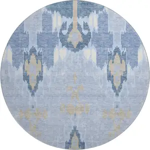 Photo of 8' Sky Blue Ivory And Tan Ikat Washable Round Rug With UV Protection