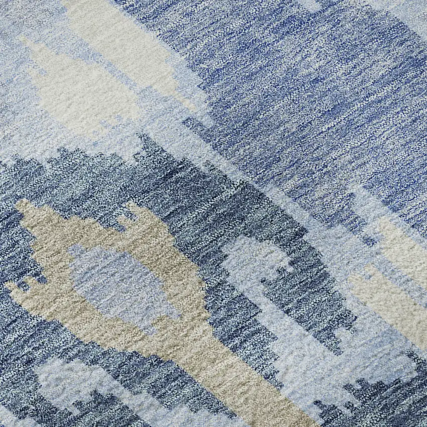 8' Sky Blue Ivory And Tan Ikat Washable Round Rug With UV Protection Photo 9