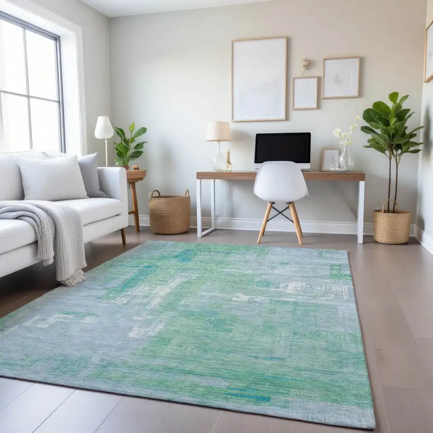 8' Sky Blue Ivory And Teal Abstract Washable Area Rug With UV Protection Photo 4