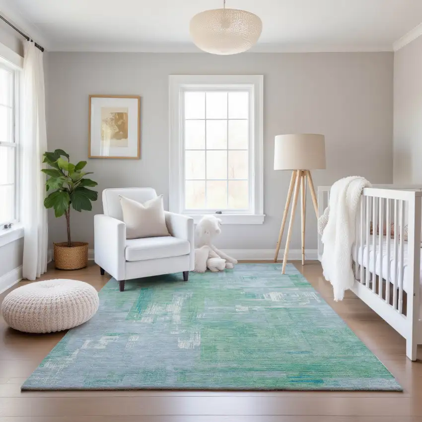 8' Sky Blue Ivory And Teal Abstract Washable Area Rug With UV Protection Photo 5