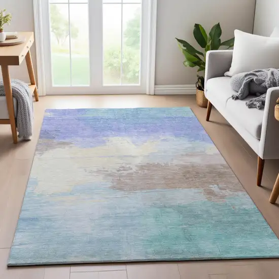 8' Sky Blue Lavender And Beige Abstract Washable Area Rug With UV Protection Photo 5