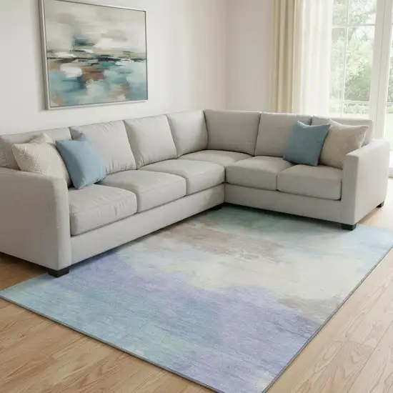 8' Sky Blue Lavender And Beige Abstract Washable Area Rug With UV Protection Photo 2