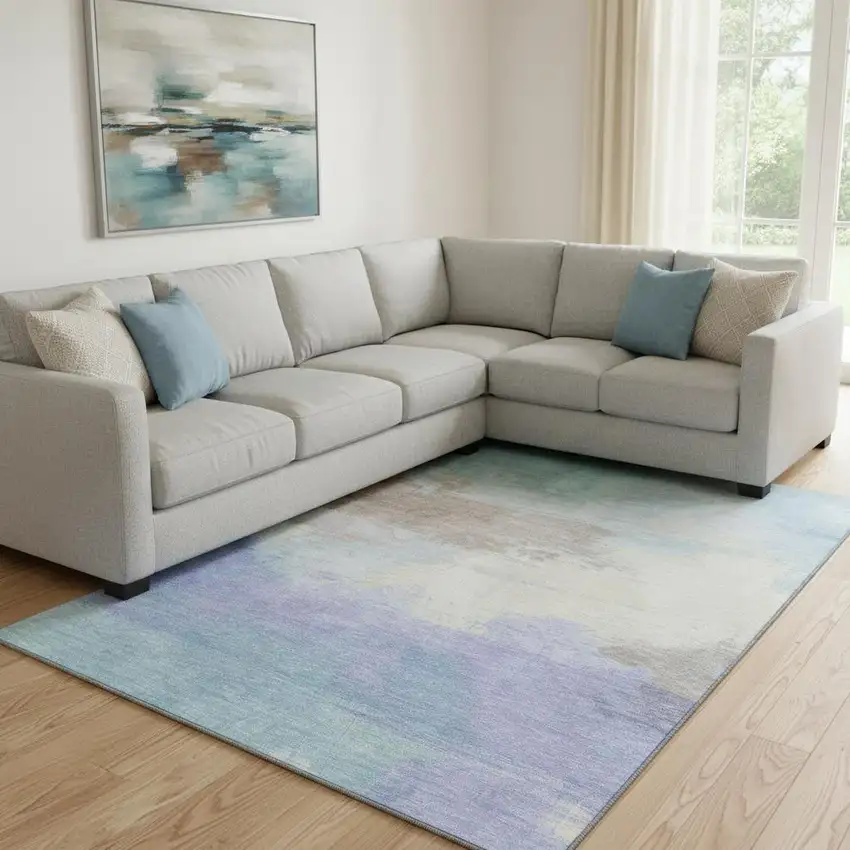 8' Sky Blue Lavender And Beige Abstract Washable Area Rug With UV Protection Photo 2