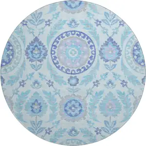 Photo of 8' Sky Blue Lavender And Gray Floral Washable Round Rug With UV Protection