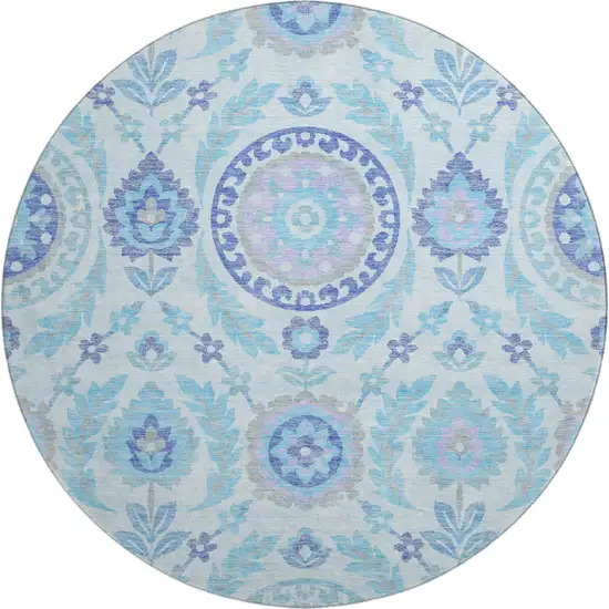 8' Sky Blue Lavender And Gray Floral Washable Round Rug With UV Protection Photo 1