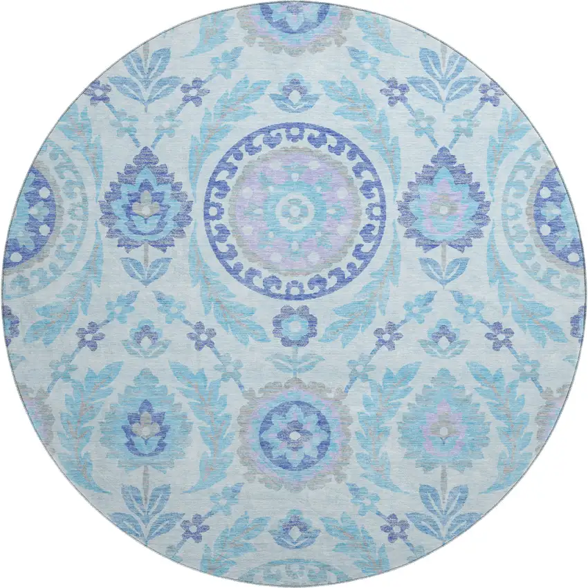 8' Sky Blue Lavender And Gray Floral Washable Round Rug With UV Protection Photo 1