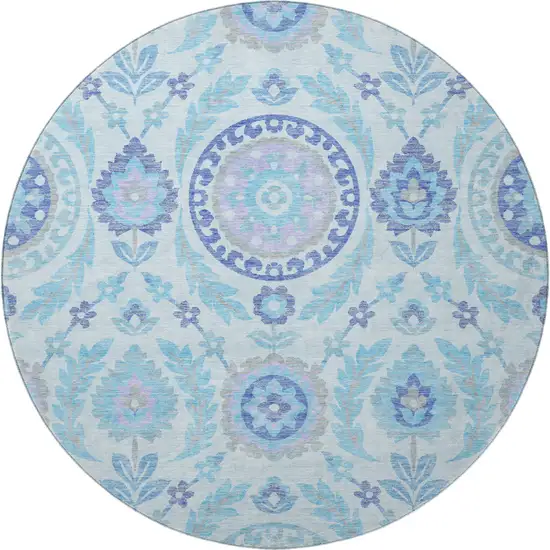 8' Sky Blue Lavender And Gray Floral Washable Round Rug With UV Protection Photo 4