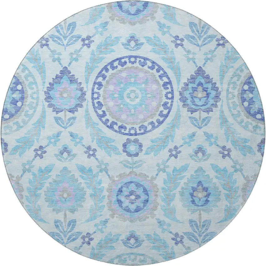 8' Sky Blue Lavender And Gray Floral Washable Round Rug With UV Protection Photo 4
