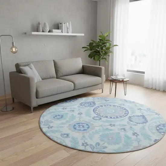 8' Sky Blue Lavender And Gray Floral Washable Round Rug With UV Protection Photo 2
