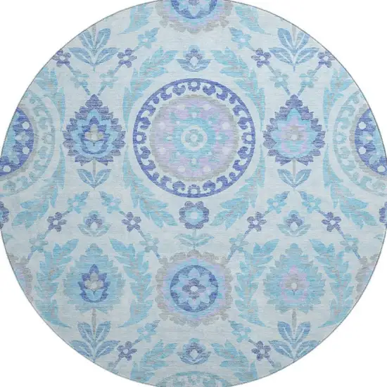 8' Sky Blue Lavender And Gray Floral Washable Round Rug With UV Protection Photo 3