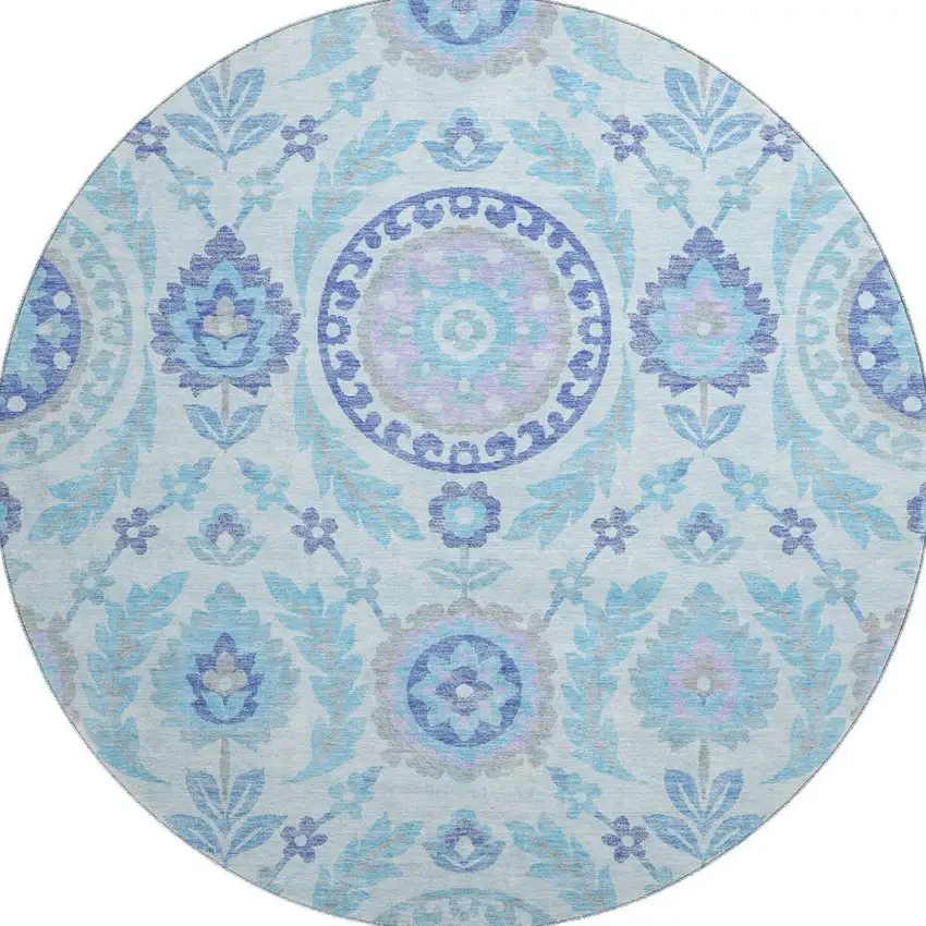 8' Sky Blue Lavender And Gray Floral Washable Round Rug With UV Protection Photo 3