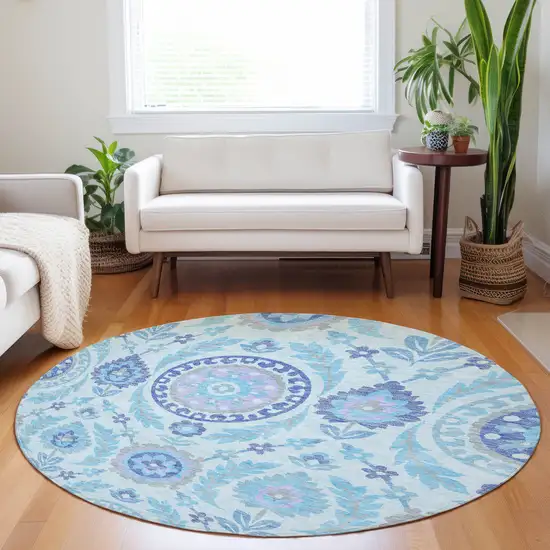 8' Sky Blue Lavender And Gray Floral Washable Round Rug With UV Protection Photo 5
