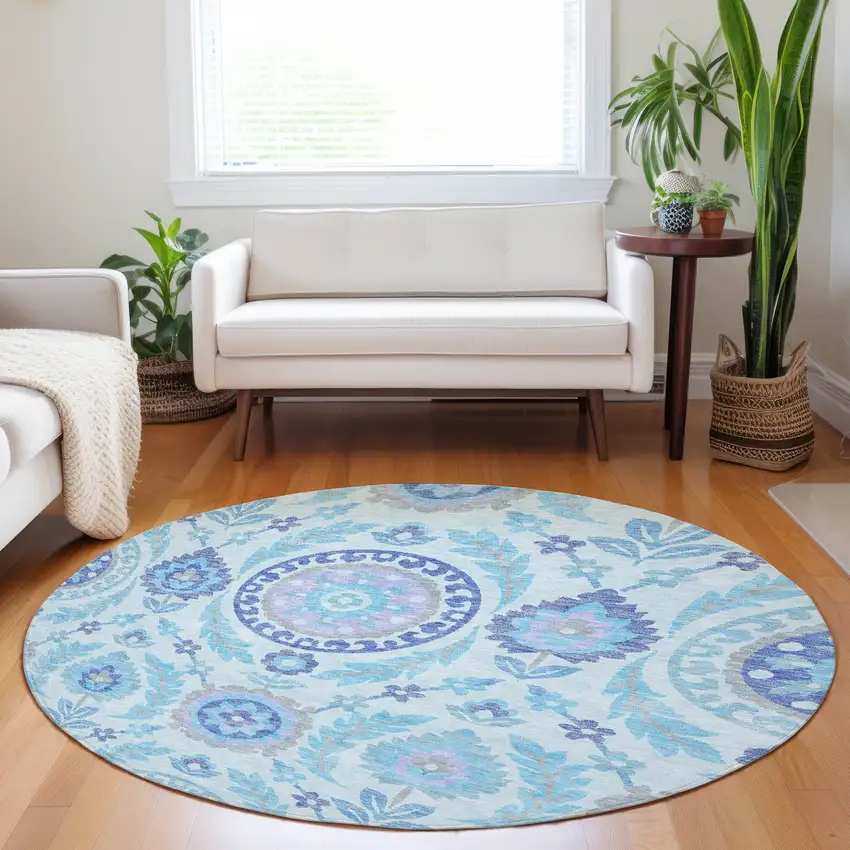 8' Sky Blue Lavender And Gray Floral Washable Round Rug With UV Protection Photo 5