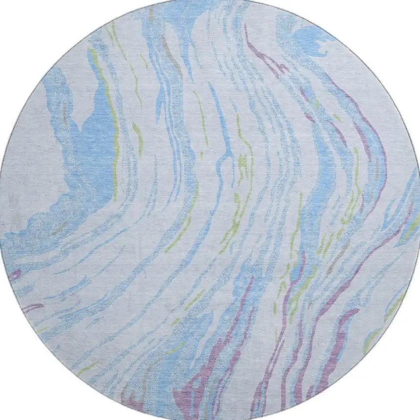 8' Sky Blue Lavender And Green Abstract Washable Round Rug With UV Protection Photo 3