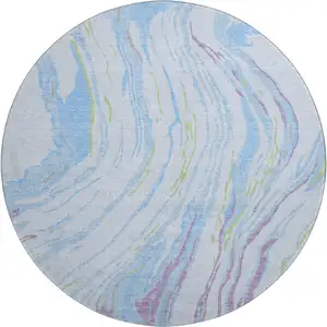Photo of 8' Sky Blue Lavender And Green Abstract Washable Round Rug With UV Protection