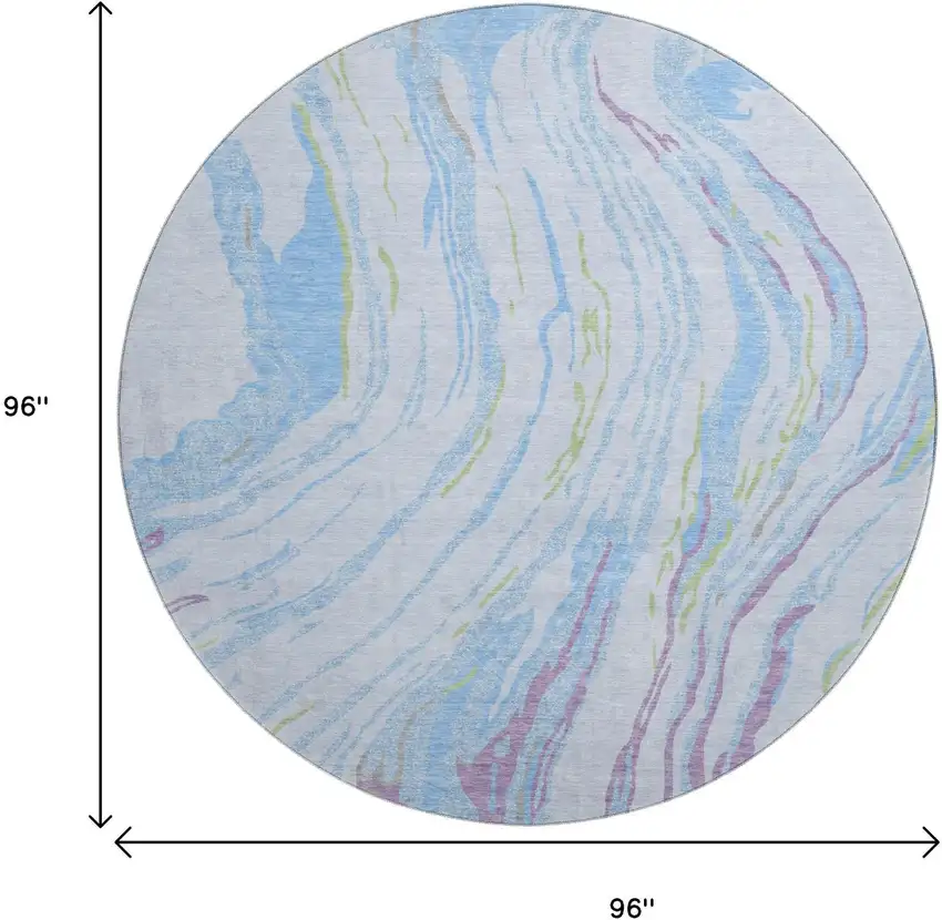 8' Sky Blue Lavender And Green Abstract Washable Round Rug With UV Protection Photo 9