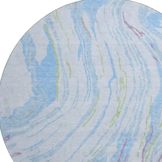 8' Sky Blue Lavender And Green Abstract Washable Round Rug With UV Protection Photo 2