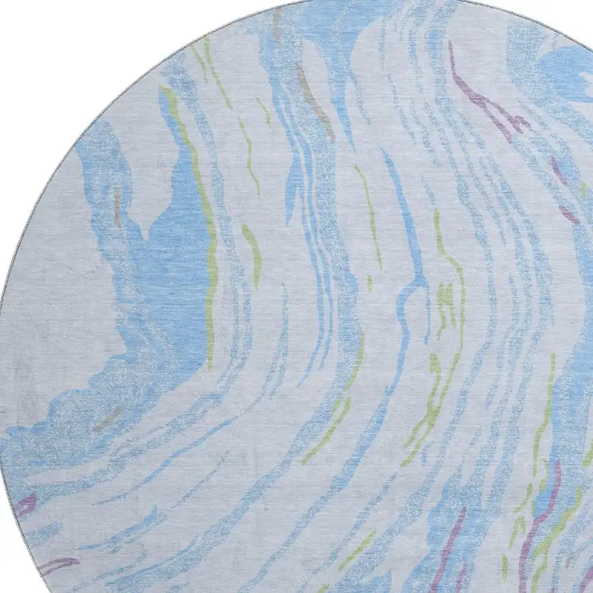 8' Sky Blue Lavender And Green Abstract Washable Round Rug With UV Protection Photo 2