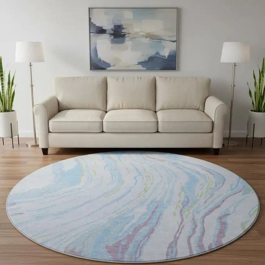 8' Sky Blue Lavender And Green Abstract Washable Round Rug With UV Protection Photo 2