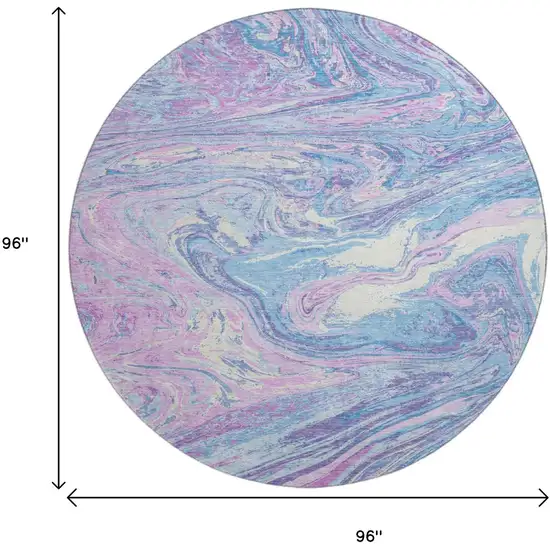 8' Sky Blue Lavender And Ivory Abstract Washable Round Rug With UV Protection Photo 9