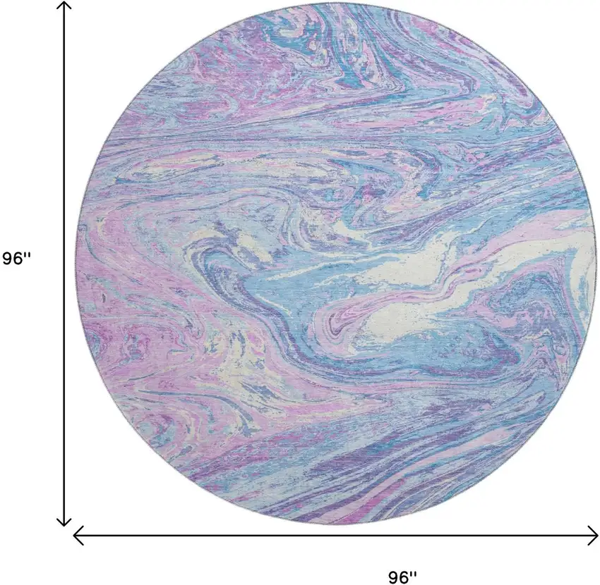 8' Sky Blue Lavender And Ivory Abstract Washable Round Rug With UV Protection Photo 9