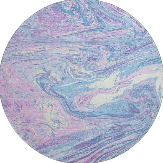 8' Sky Blue Lavender And Ivory Abstract Washable Round Rug With UV Protection Photo 3