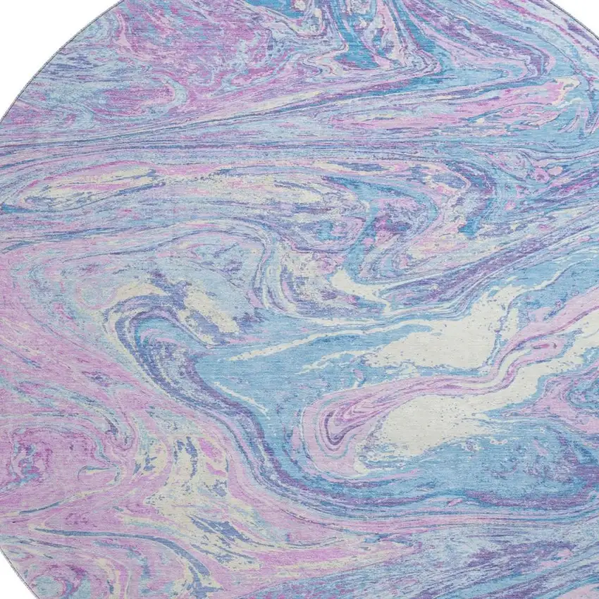 8' Sky Blue Lavender And Ivory Abstract Washable Round Rug With UV Protection Photo 2