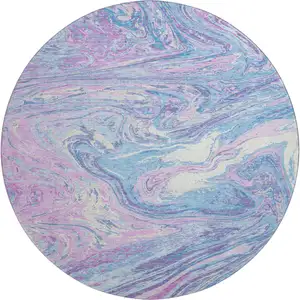 Photo of 8' Sky Blue Lavender And Ivory Abstract Washable Round Rug With UV Protection