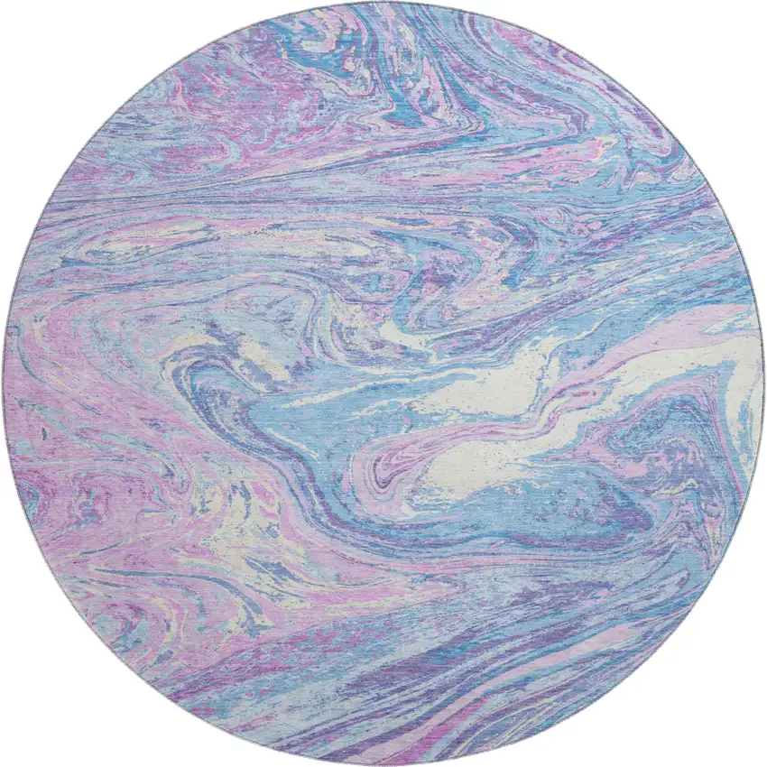 8' Sky Blue Lavender And Ivory Abstract Washable Round Rug With UV Protection Photo 1
