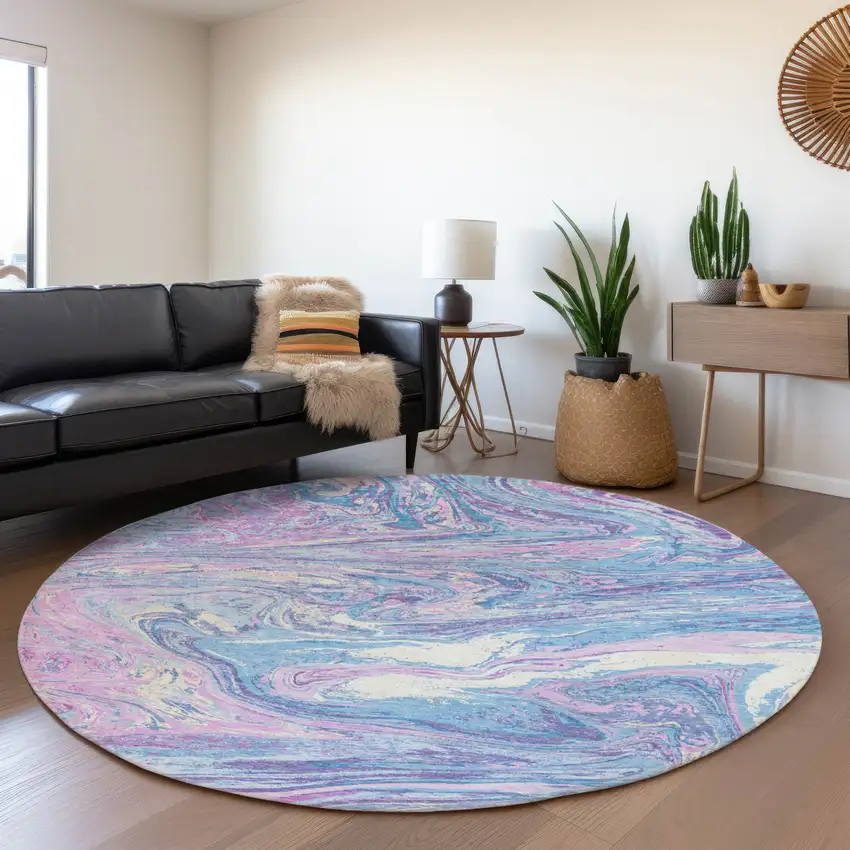 8' Sky Blue Lavender And Ivory Abstract Washable Round Rug With UV Protection Photo 4