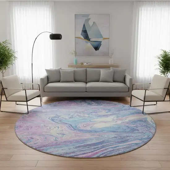 8' Sky Blue Lavender And Ivory Abstract Washable Round Rug With UV Protection Photo 2