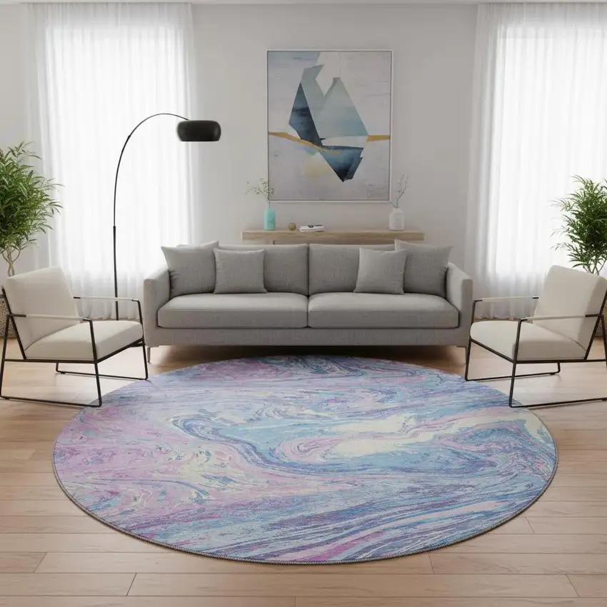 8' Sky Blue Lavender And Ivory Abstract Washable Round Rug With UV Protection Photo 2
