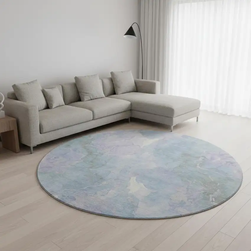 8' Sky Blue Lavender And Ivory Abstract Washable Round Rug With UV Protection Photo 2