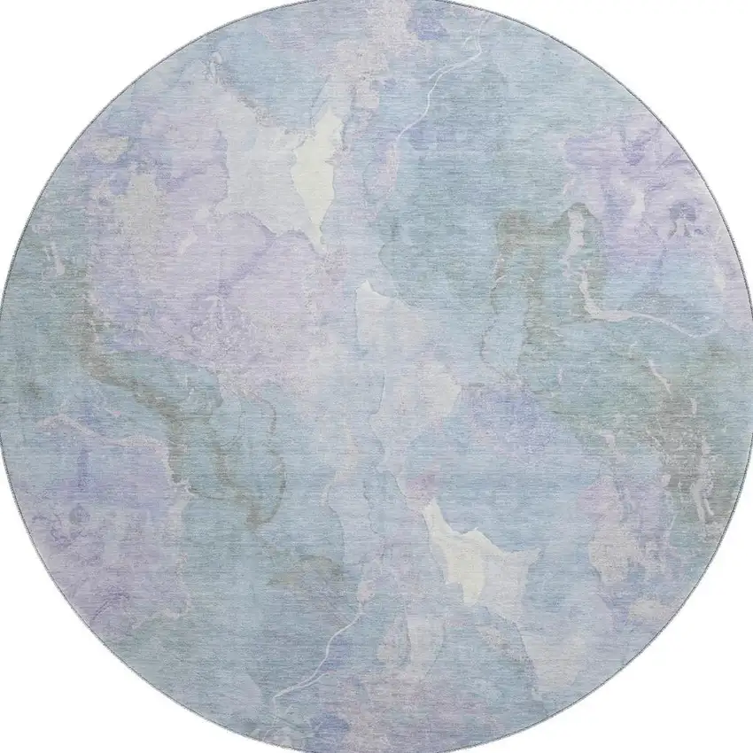 8' Sky Blue Lavender And Ivory Abstract Washable Round Rug With UV Protection Photo 3