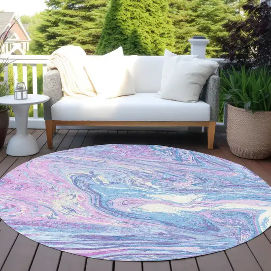 8' Sky Blue Lavender And Ivory Round Abstract Washable Indoor Outdoor Area Rug Photo 8