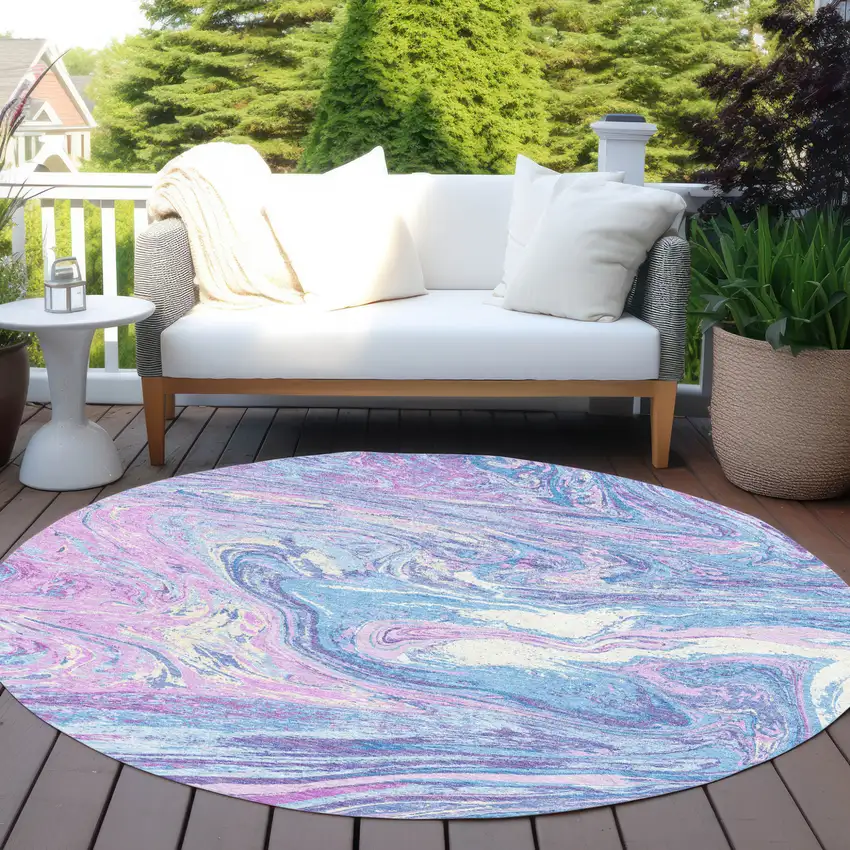 8' Sky Blue Lavender And Ivory Round Abstract Washable Indoor Outdoor Area Rug Photo 8