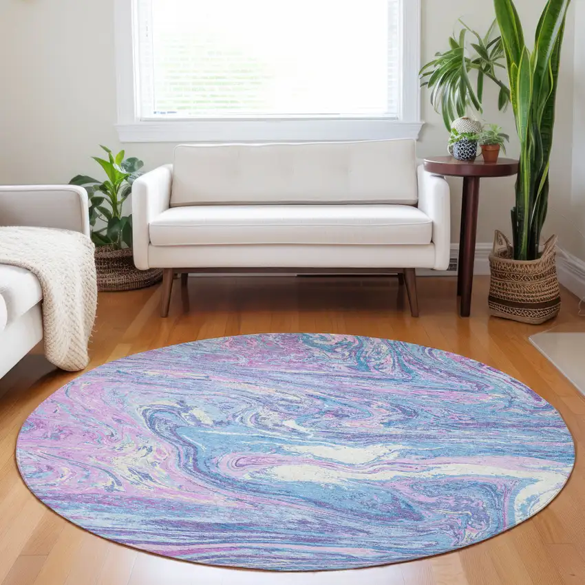 8' Sky Blue Lavender And Ivory Round Abstract Washable Indoor Outdoor Area Rug Photo 9