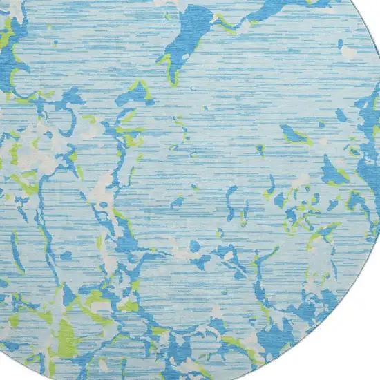 8' Sky Blue Lime Green And Ivory Striped Washable Round Rug With UV Protection Photo 2