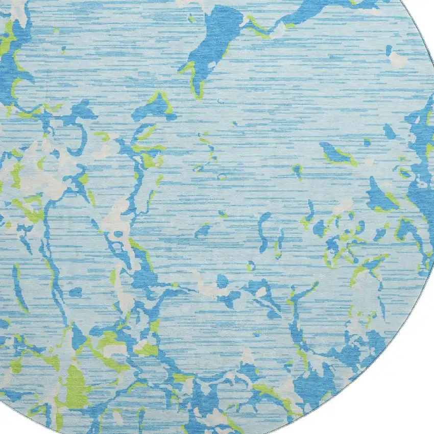 8' Sky Blue Lime Green And Ivory Striped Washable Round Rug With UV Protection Photo 2