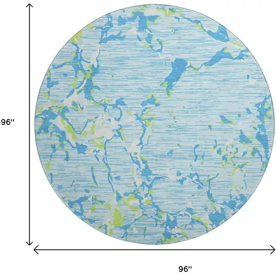 8' Sky Blue Lime Green And Ivory Striped Washable Round Rug With UV Protection Photo 9