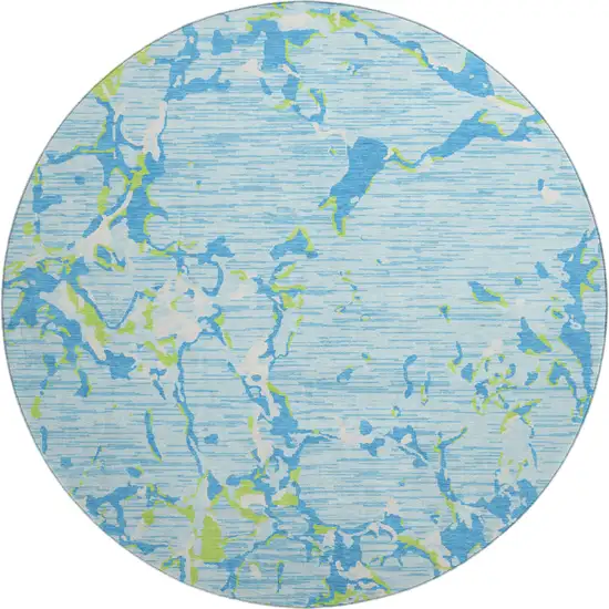 8' Sky Blue Lime Green And Ivory Striped Washable Round Rug With UV Protection Photo 1
