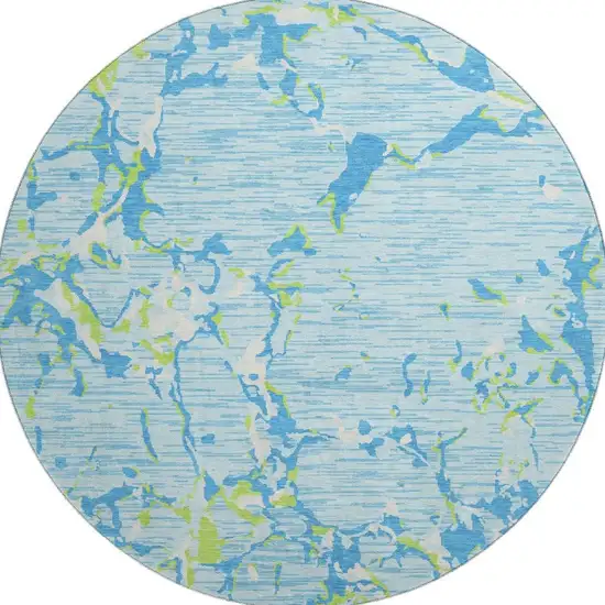 8' Sky Blue Lime Green And Ivory Striped Washable Round Rug With UV Protection Photo 3