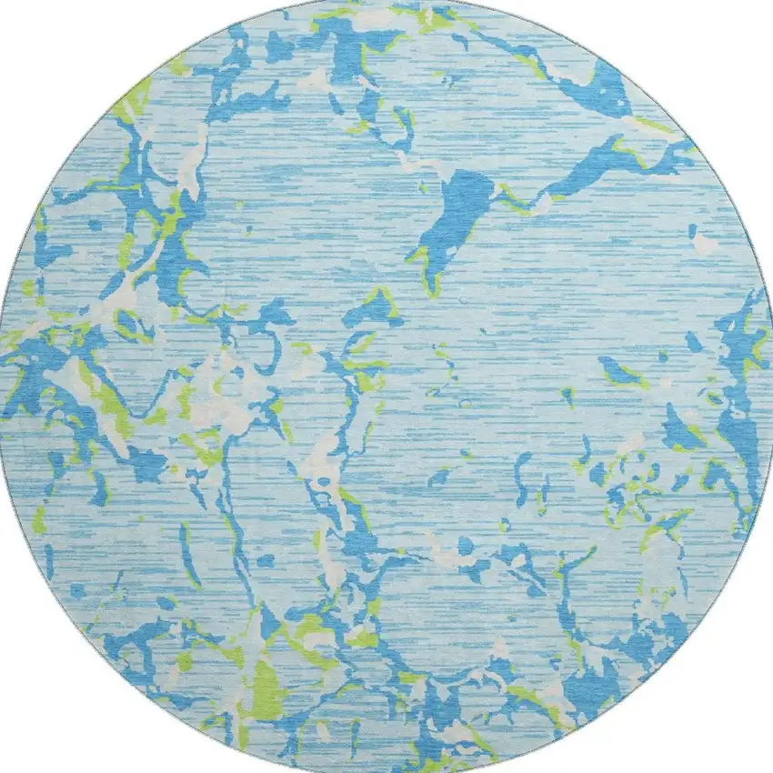 8' Sky Blue Lime Green And Ivory Striped Washable Round Rug With UV Protection Photo 3