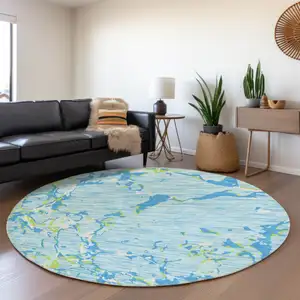 Photo of 8' Sky Blue Lime Green And Ivory Striped Washable Round Rug With UV Protection