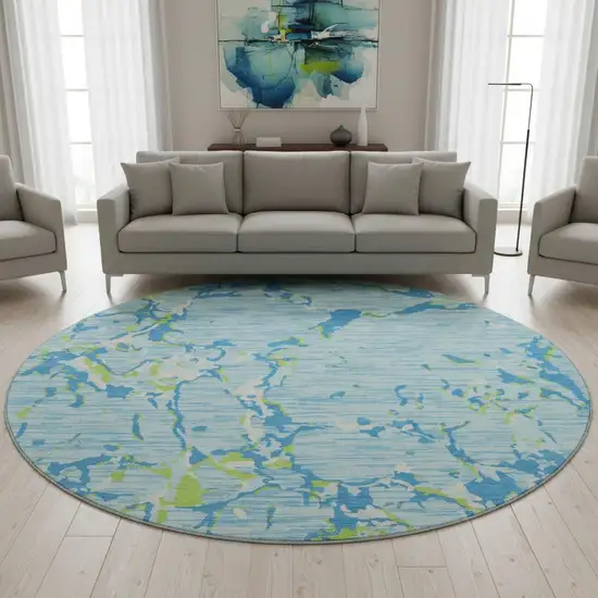8' Sky Blue Lime Green And Ivory Striped Washable Round Rug With UV Protection Photo 2