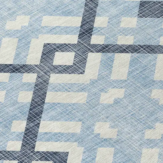 8' Sky Blue Navy Blue And Ivory Round Geometric Washable Indoor Outdoor Area Rug Photo 7