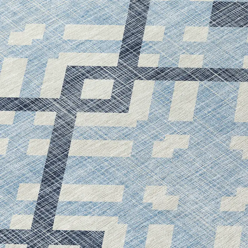 8' Sky Blue Navy Blue And Ivory Round Geometric Washable Indoor Outdoor Area Rug Photo 7