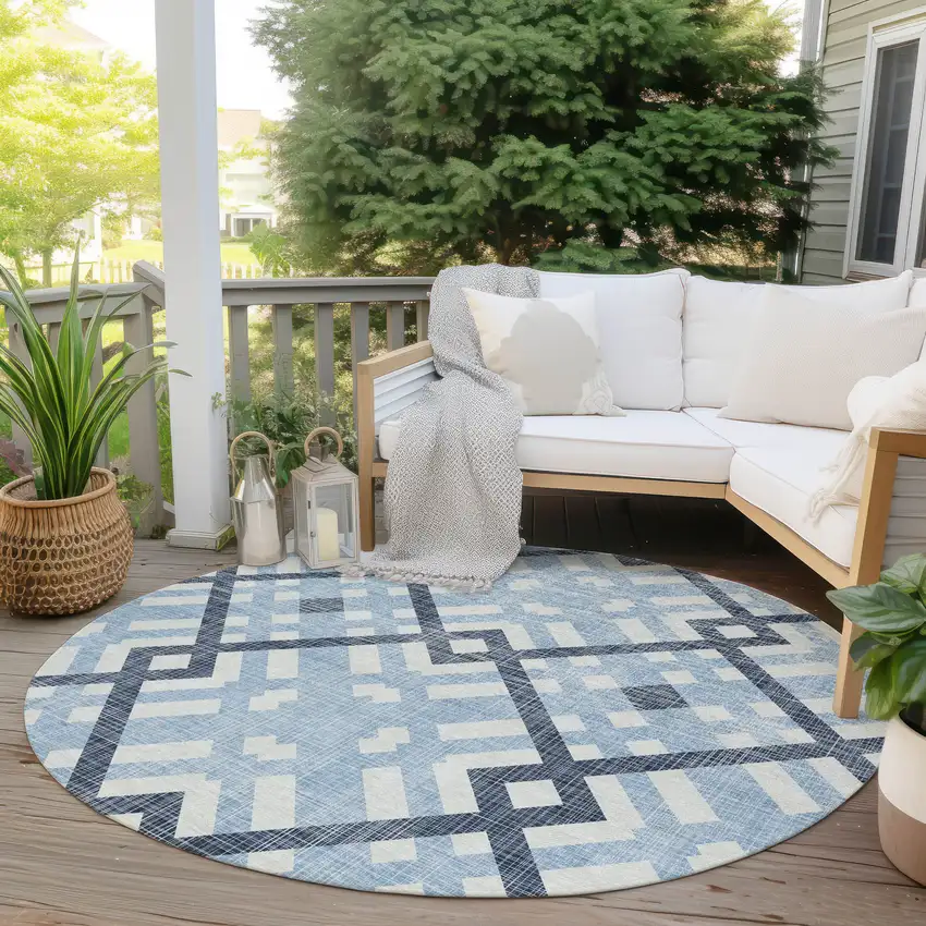 8' Sky Blue Navy Blue And Ivory Round Geometric Washable Indoor Outdoor Area Rug Photo 5