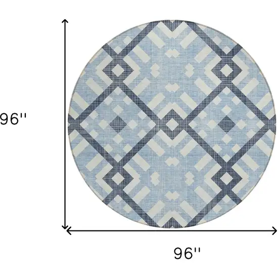 8' Sky Blue Navy Blue And Ivory Round Geometric Washable Indoor Outdoor Area Rug Photo 3